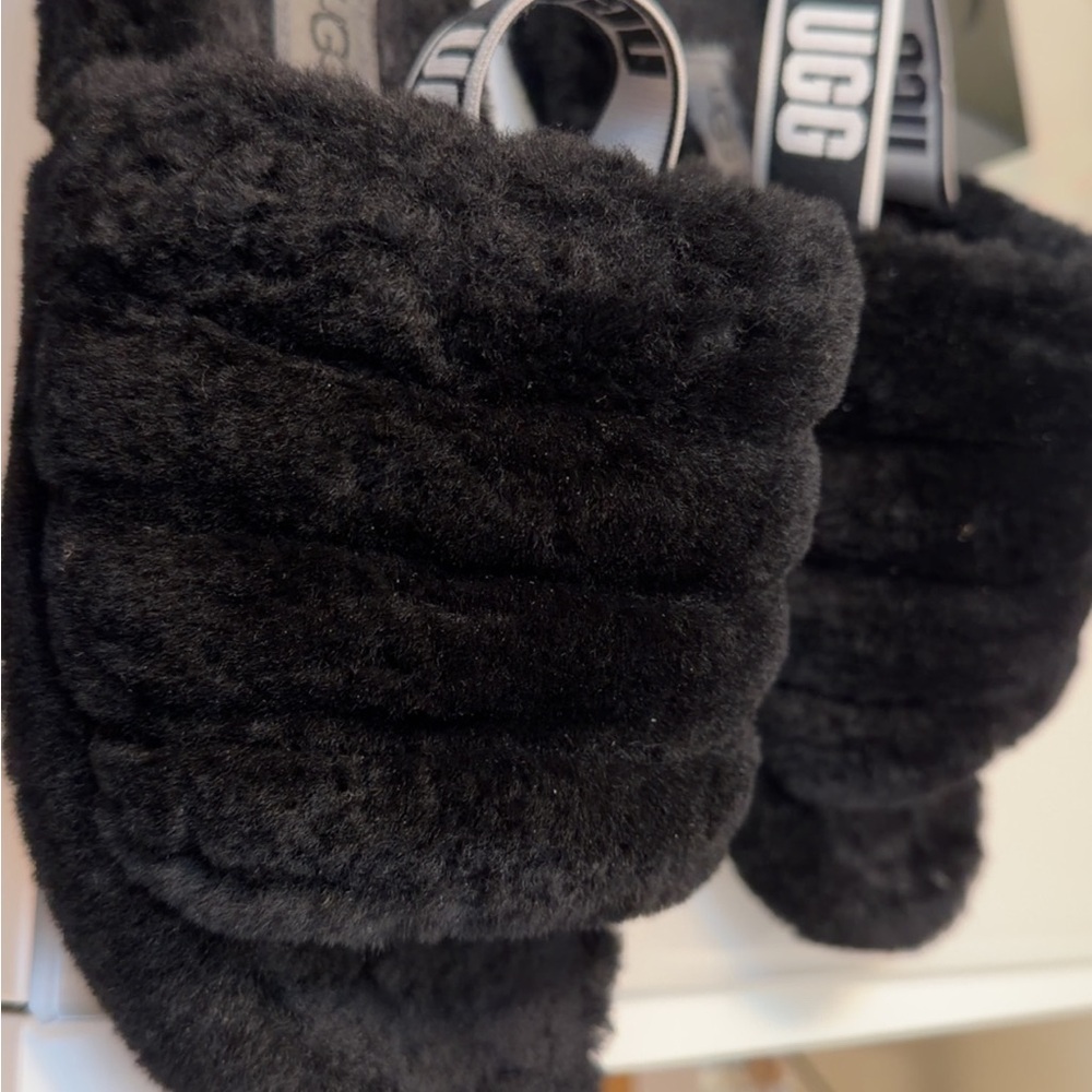 UGG Black Plush Shearling Slide Sandals